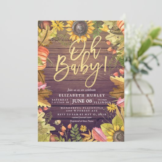 Herbstfallkarte Blätter Pumpkin Baby Duschkarten Einladung (Stehend Vorderseite)