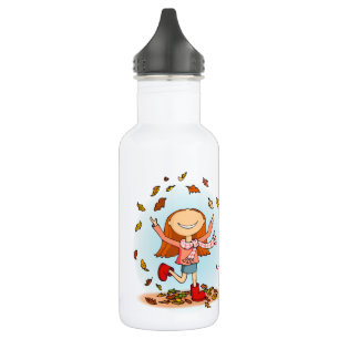 Herbstfallmädchen spielt mit Blätter-Drink-Flasche Trinkflasche