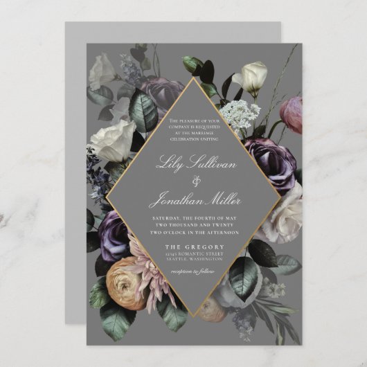 Herbstfallmoody Blumenrahmen Lila graue Hochzeit Einladung (Vorne/Hinten)