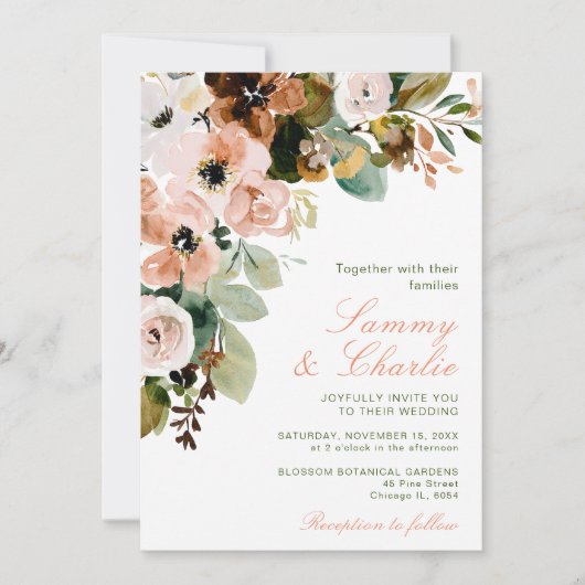 Herbstfällt Blush Pink Blume und Foliage Hochzeit Einladung (Vorderseite)