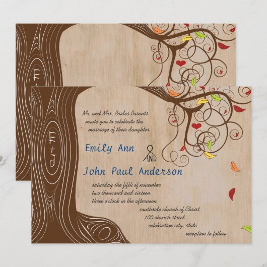 Herbstfarben Forest Initials in Tree Wedding Einladung (Vorne/Hinten)