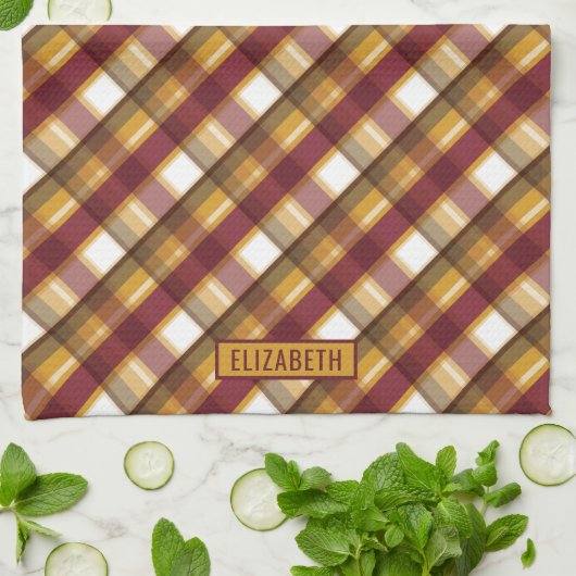 Herbstfarben Kariertes Muster und Individuelle Nam Geschirrtuch (Gefaltet)
