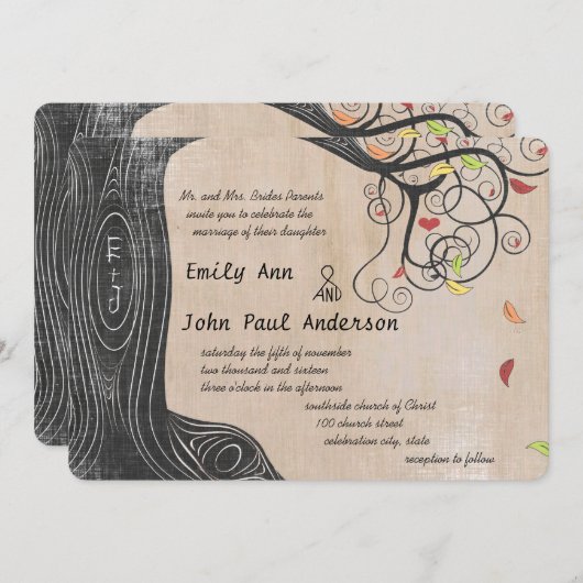 Herbstfarben Tree on Brown Paper Wedding Einladung (Vorne/Hinten)