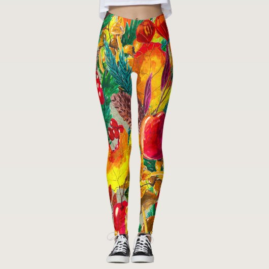 Herbstfarbene Blätter Mushrooms Muster Leggings (Vorderseite)
