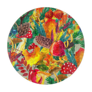 Herbstfarbene Blätter Mushrooms Muster Schneidebrett