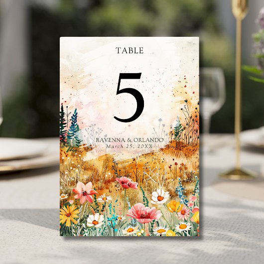 Herbstfarbene Wildblumenwiese Hochzeit Tischnummer