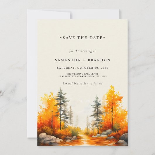 Herbstfarbener Wald Hochzeit Save The Date (Vorderseite)