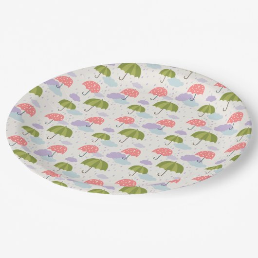 Herbstfest Raintag mit Schirmmuster Pappteller (Schrägansicht)