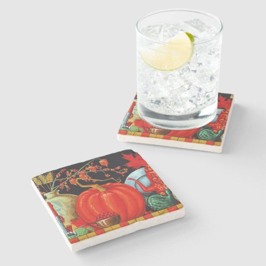 Herbstfestliche antike Malerei Pumpkin Dekoration Steinuntersetzer (Seitenansicht)