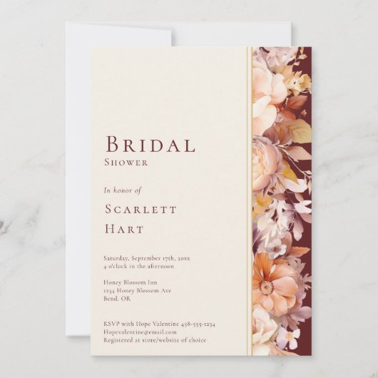 Herbstfloral Burgund Creme Modernes Brautparty Einladung (Vorderseite)