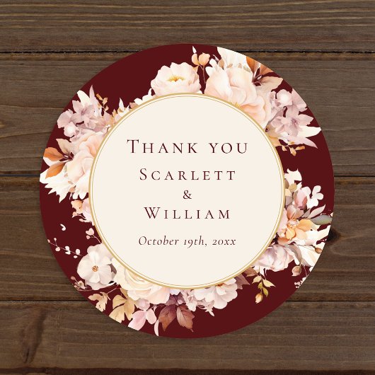 Herbstfloral Burgundy Cream Wedding Vielen Dank Runder Aufkleber