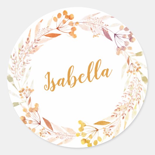 Herbstfloral Wreath Boho Personalisiert Runder Aufkleber (Vorderseite)