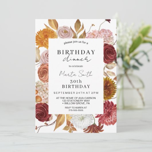 Herbstflorale Abendessen Geburtstag Einladung (Stehend Vorderseite)