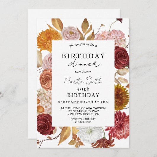 Herbstflorale Abendessen Geburtstag Einladung (Vorne/Hinten)