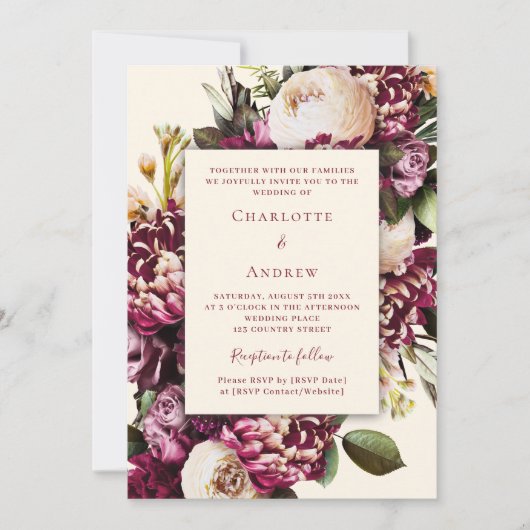 Herbstflorale Bordeaux lila Hochzeit Einladung (Vorderseite)