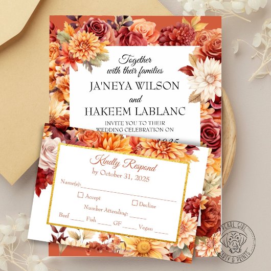 Herbstflorale Hochzeitkarte Begleitkarte