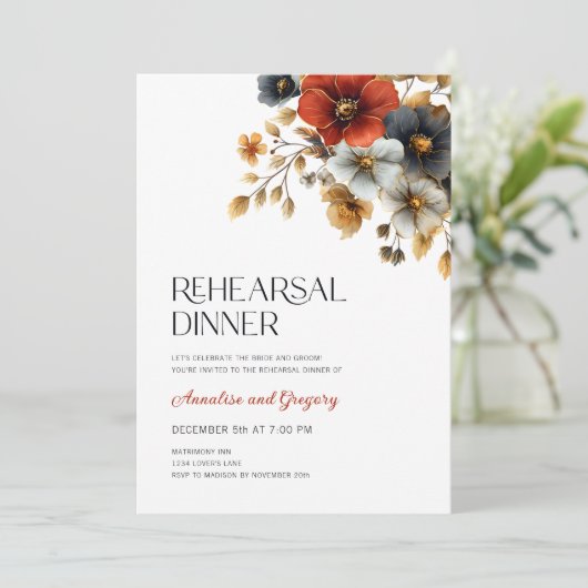 Herbstflorale Hochzeitsessen Probe Einladung (Stehend Vorderseite)