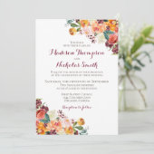 Herbstflorale Hochzeitskarte, Orangefarbener Maroo Einladung (Stehend Vorderseite)