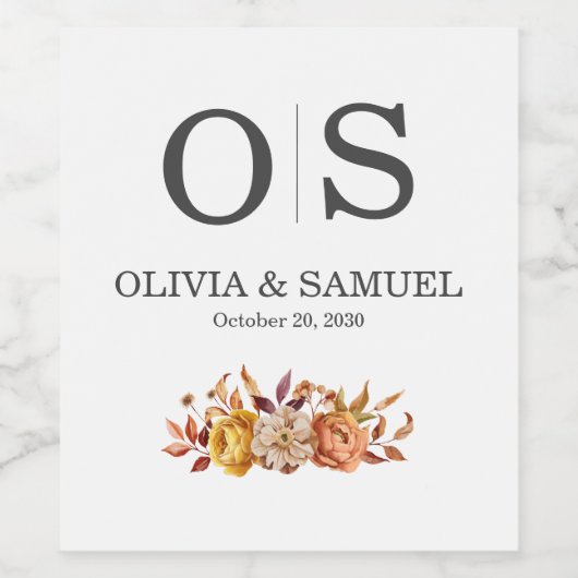 Herbstflorale Hochzeitsmonogramm personalisieren F Weinetikett (Einzelnes Label)