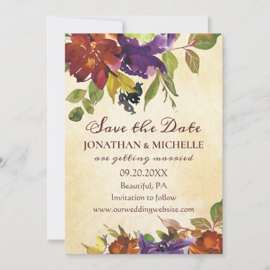 Herbstflorale Lila Orange Inspiration Hochzeit Save The Date (Vorderseite)