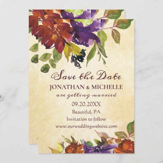 Herbstflorale Lila Orange Inspiration Hochzeit Save The Date (Vorne/Hinten)