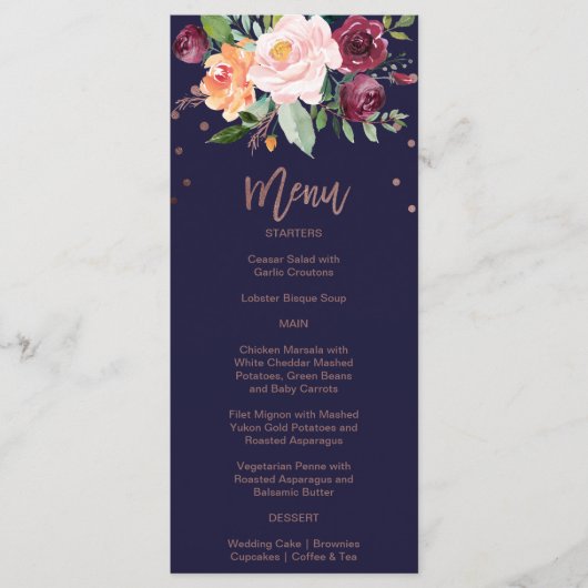 Herbstflorale Rose Gold Dinner Menü Karte (Vorderseite)