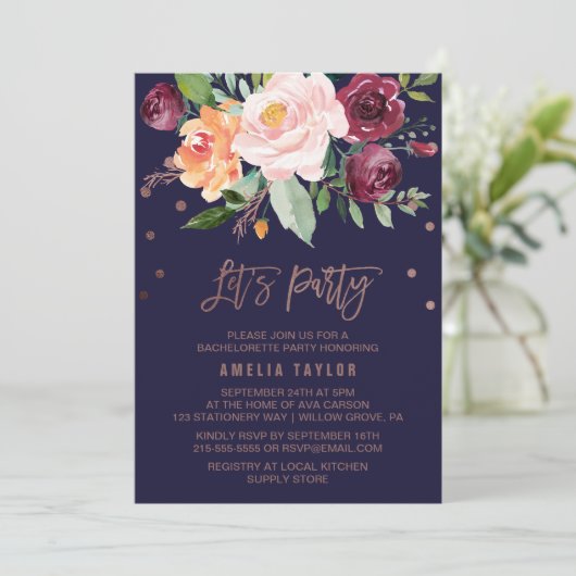 Herbstflorale Rose Gold Kranz Backing Let's Party Einladung (Stehend Vorderseite)