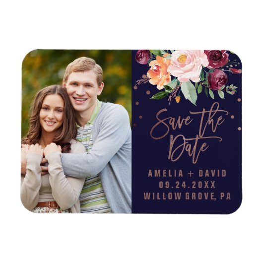 Herbstflorale Rose Gold Save the Date Foto Magnet (Horizontal)