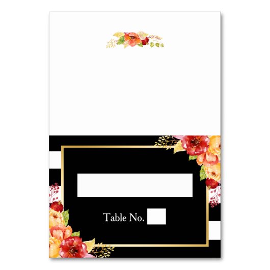 Herbstflorale Schwarz-weiße Streifen Hochzeitsplat Tischnummer (Vorderseite)