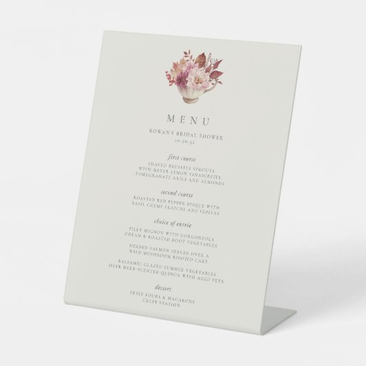 Herbstflorale Teacup Herbstmenü Brautparty Sockelschild (Vorderseite)