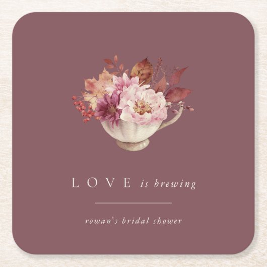 Herbstflorale Teacup Liebe Braut Brautparty Rechteckiger Pappuntersetzer (Vorderseite)