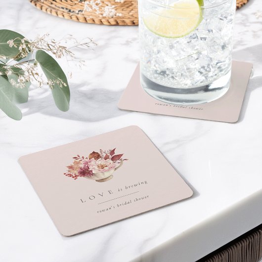 Herbstflorale Teacup Liebe Braut Brautparty Rechteckiger Pappuntersetzer