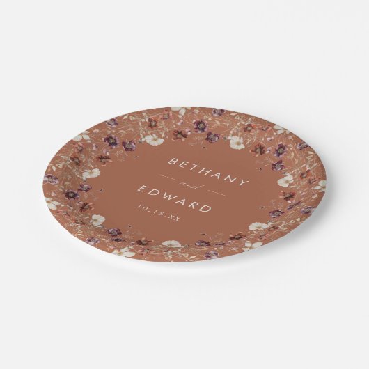 Herbstflorale Terracotta Hochzeit Pappteller (Schrägansicht)