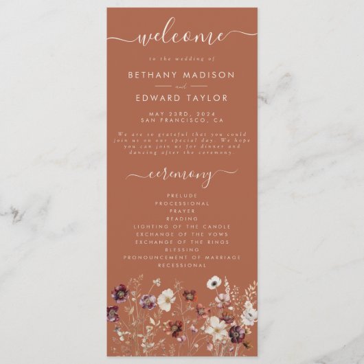 Herbstflorale Terracotta Hochzeit Programm (Vorderseite)
