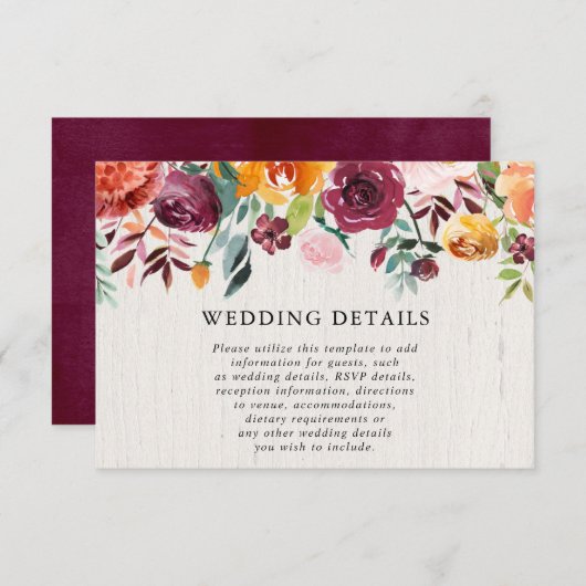 Herbstflorale Wasserfarbe rustikale Hochzeitsdetai Begleitkarte (Vorne/Hinten)
