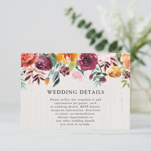 Herbstflorale Wasserfarbe rustikale Hochzeitsdetai Begleitkarte (Stehend Vorderseite)