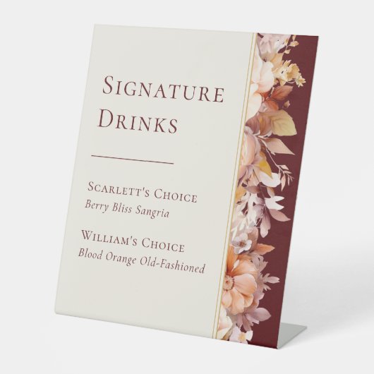 Herbstfloraler Burgunder Hochzeitssignaturgetränke Sockelschild (Vorderseite)