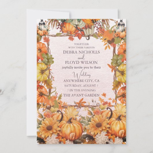 Herbstfloraler Pumpkin-Skript Hochzeit Einladung (Vorderseite)