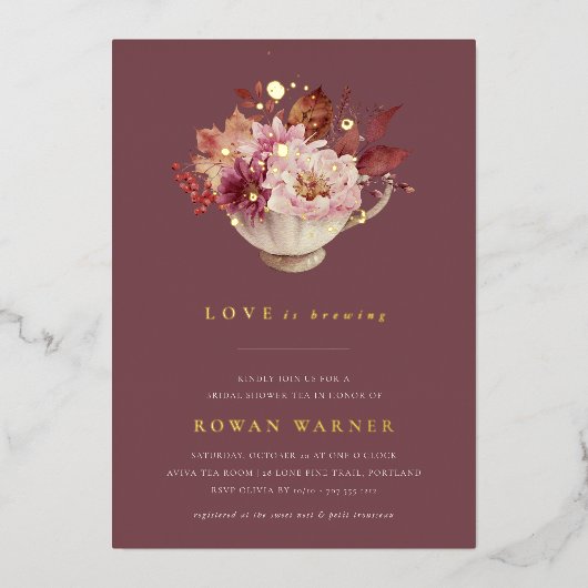 Herbstfloraler Teacup Herbst Brautparty Tee Folieneinladung (Vorderseite)