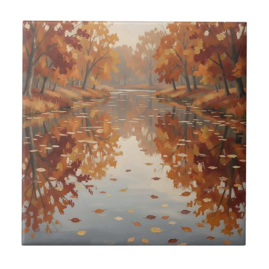 Herbstfluss Reflexion Orange Bäume Fallen  Fliese (Vorderseite)