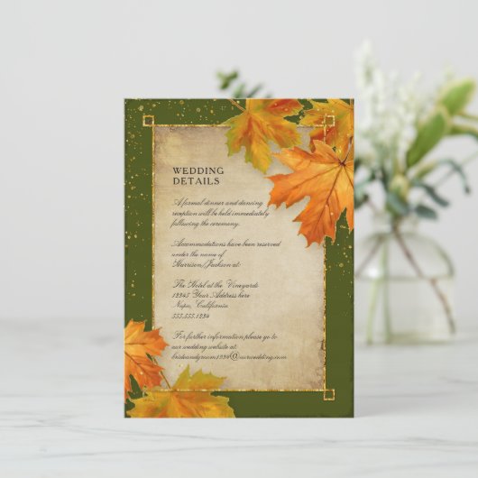 Herbstfoliage Orange Grüne rustikale Hochzeitdetai Einladung (Stehend Vorderseite)
