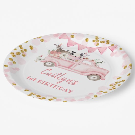 Herbstförderer Pumpkin rosa LKW-Antrieb bis Geburt Pappteller (Schrägansicht)