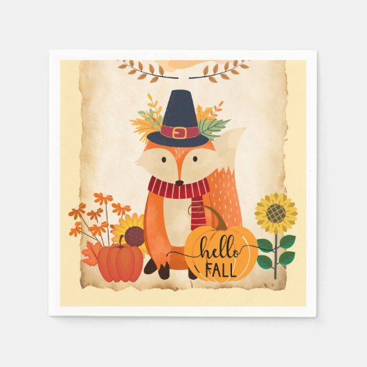 Herbstfox Hallo Fall Sonnenblumen Pumpkins Serviette (Vorderseite)