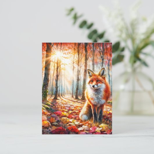 Herbstfox Wasserfarben Kunst Postkarte (Stehend Vorderseite)