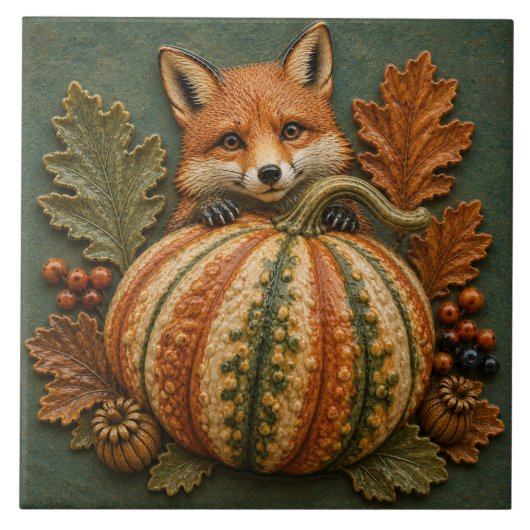 Herbstfuchs und Kürbis-Waldernte Fliese (Vorderseite)