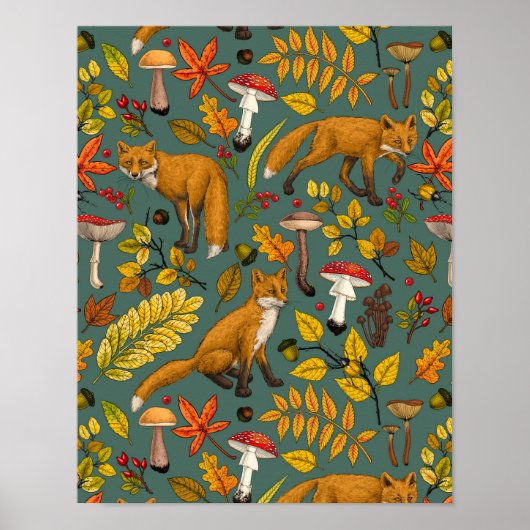 Herbstfüchse auf Kieferngrün Poster (Vorne)