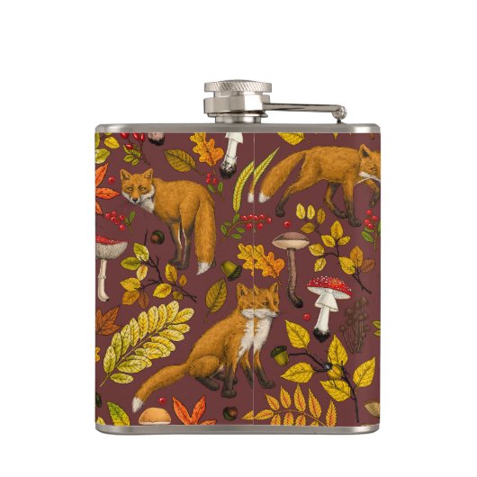 Herbstfüchse auf Schokoladenbraun Flachmann (Rückseite)