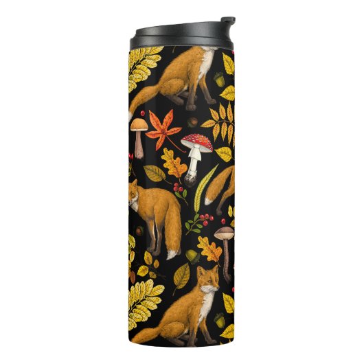 Herbstfüchse auf schwarz thermosbecher (Nach links gedreht)