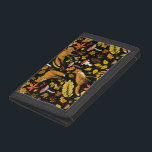 Herbstfüchse auf schwarz tri-fold geldbeutel<br><div class="desc">Handbemalte Herbstwaldfauna und -flora - Füchse,  Blätter,  Pilze und Beeren</div>