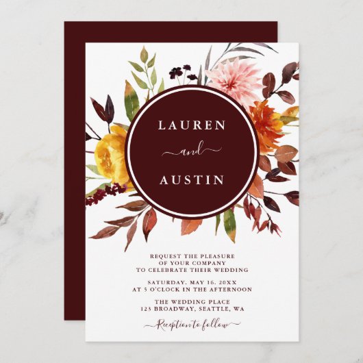 Herbstgarten Burgund Wasserfarbenhochzeit Einladung (Vorne/Hinten)